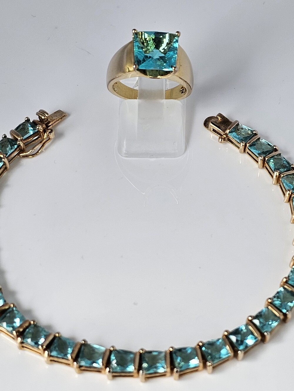 Paraiba Tourmaline Created Ring & Tennis Bracelet 14K Yellow Gold Vermeil! - Picture 6 of 10